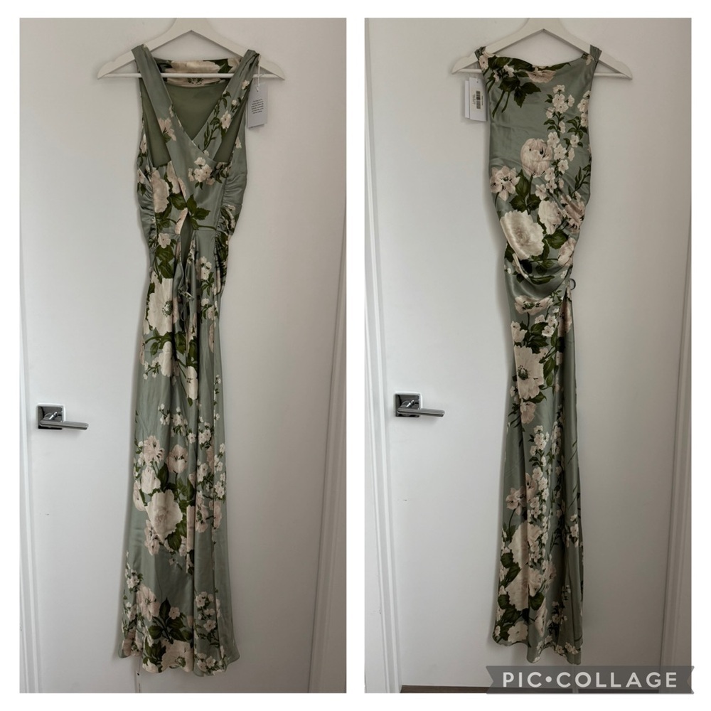 Reformation NWT 2 Anaiis Silk Maxi Dress Open Back Tarragon Green Floral - Picture 6 of 12